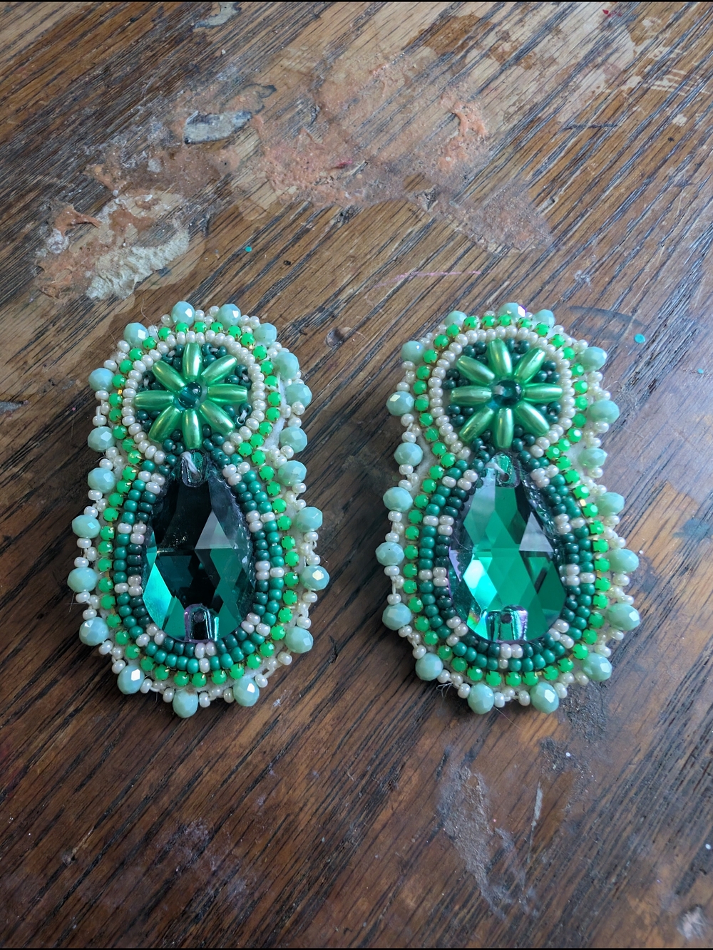 Green Beaded Teardrop Statement Earrings Native